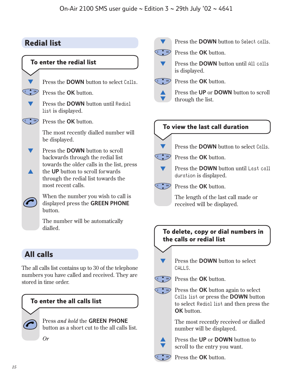 Redial list, All calls | BT Relate SMS User Manual | Page 16 / 35