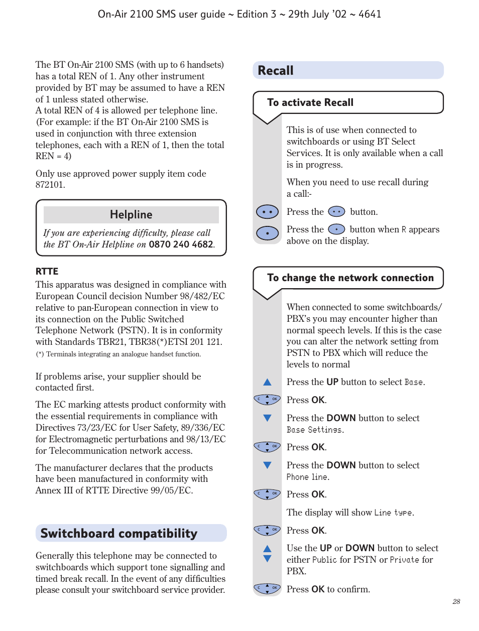 Switchboard compatibility recall, Helpline | BT Relate SMS User Manual | Page 29 / 35