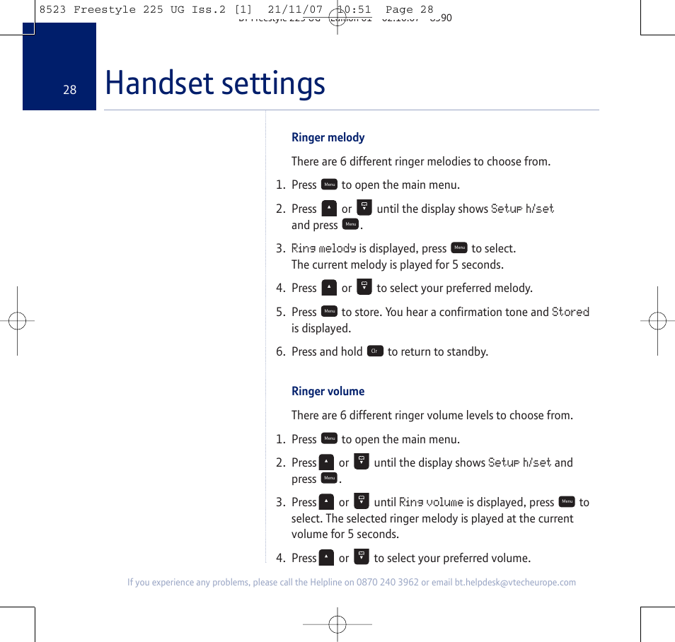 Handset settings | BT Freestyle 255 User Manual | Page 28 / 60