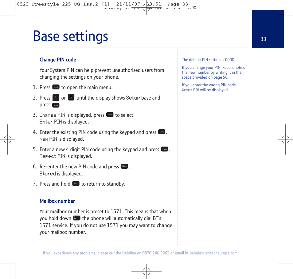 Base settings | BT Freestyle 255 User Manual | Page 33 / 60