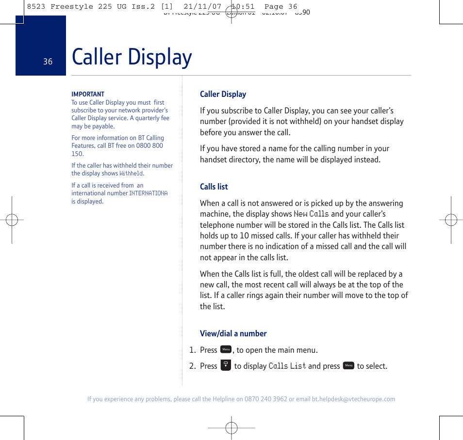 Caller display | BT Freestyle 255 User Manual | Page 36 / 60