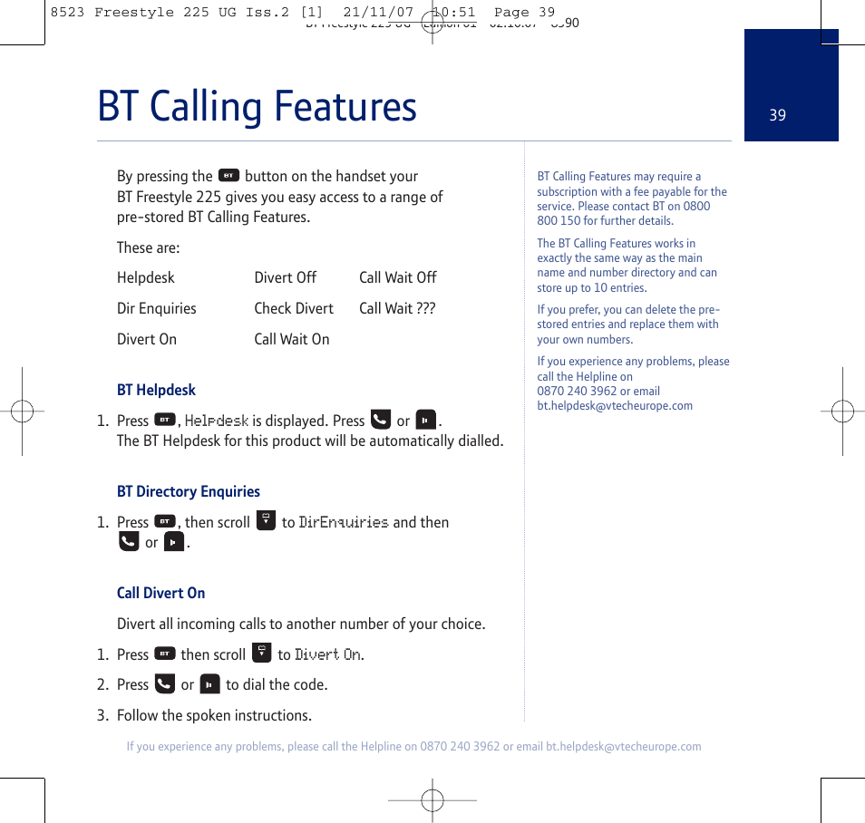 Bt calling features | BT Freestyle 255 User Manual | Page 39 / 60
