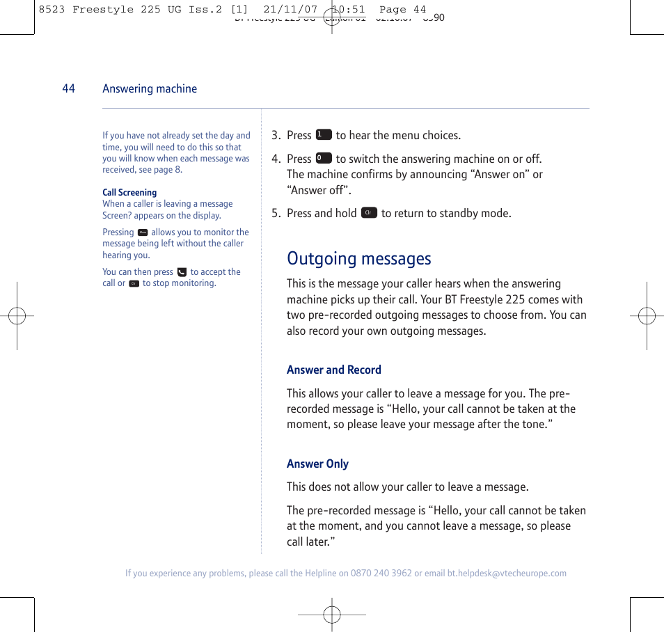 Outgoing messages | BT Freestyle 255 User Manual | Page 44 / 60