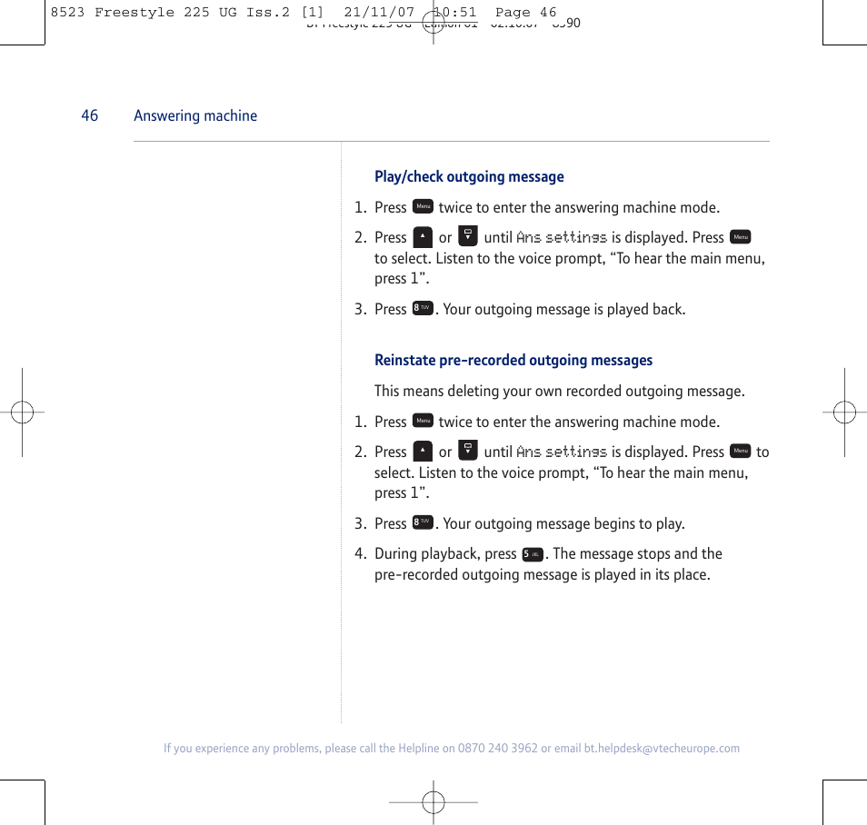 Ans settings | BT Freestyle 255 User Manual | Page 46 / 60