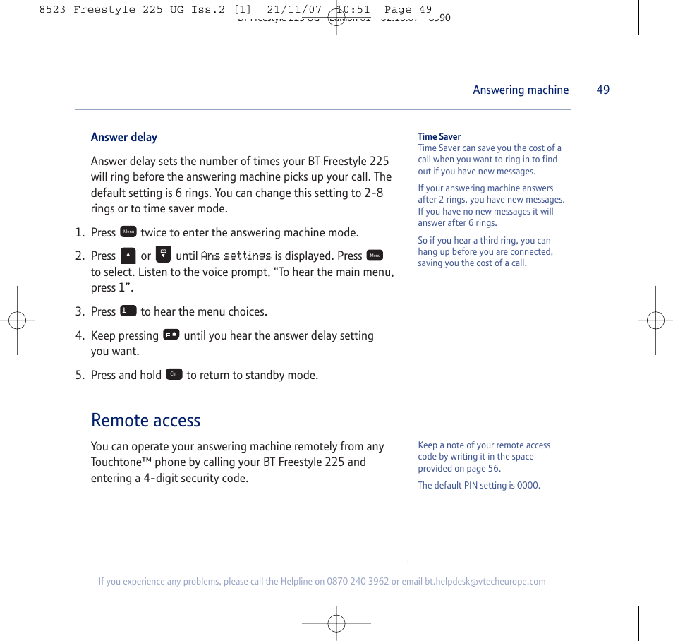 Remote access | BT Freestyle 255 User Manual | Page 49 / 60