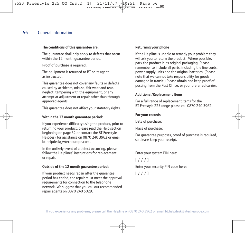 BT Freestyle 255 User Manual | Page 56 / 60