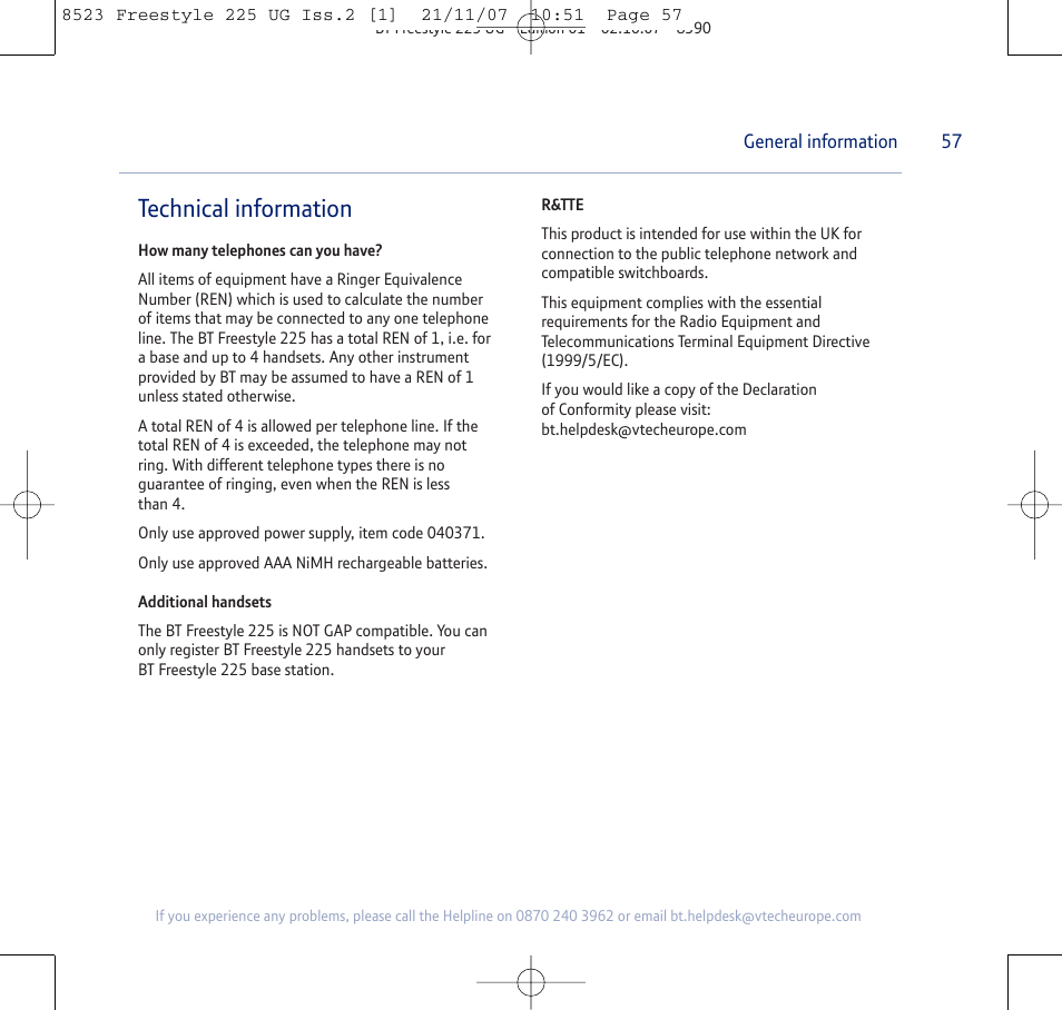 Technical information | BT Freestyle 255 User Manual | Page 57 / 60