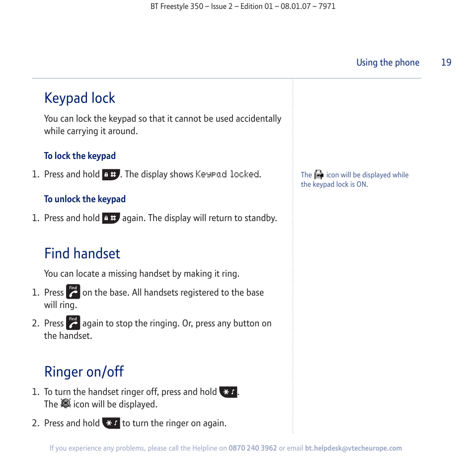 Keypad lock, Find handset, Ringer on/off | BT Freestyle 350 User Manual | Page 19 / 74
