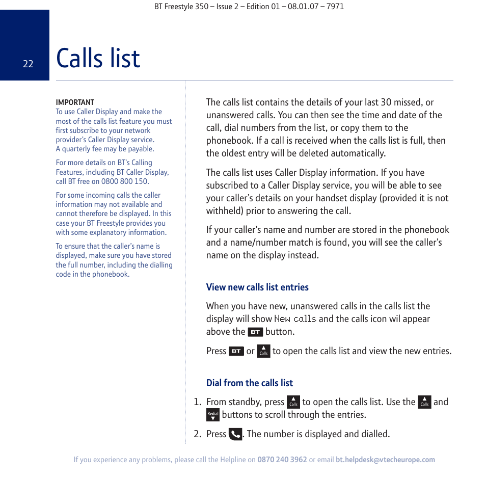 Calls list | BT Freestyle 350 User Manual | Page 22 / 74