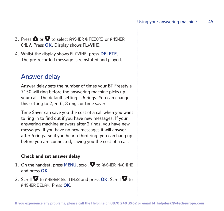 Answer delay | BT FREESTYLE 7150 User Manual | Page 45 / 80