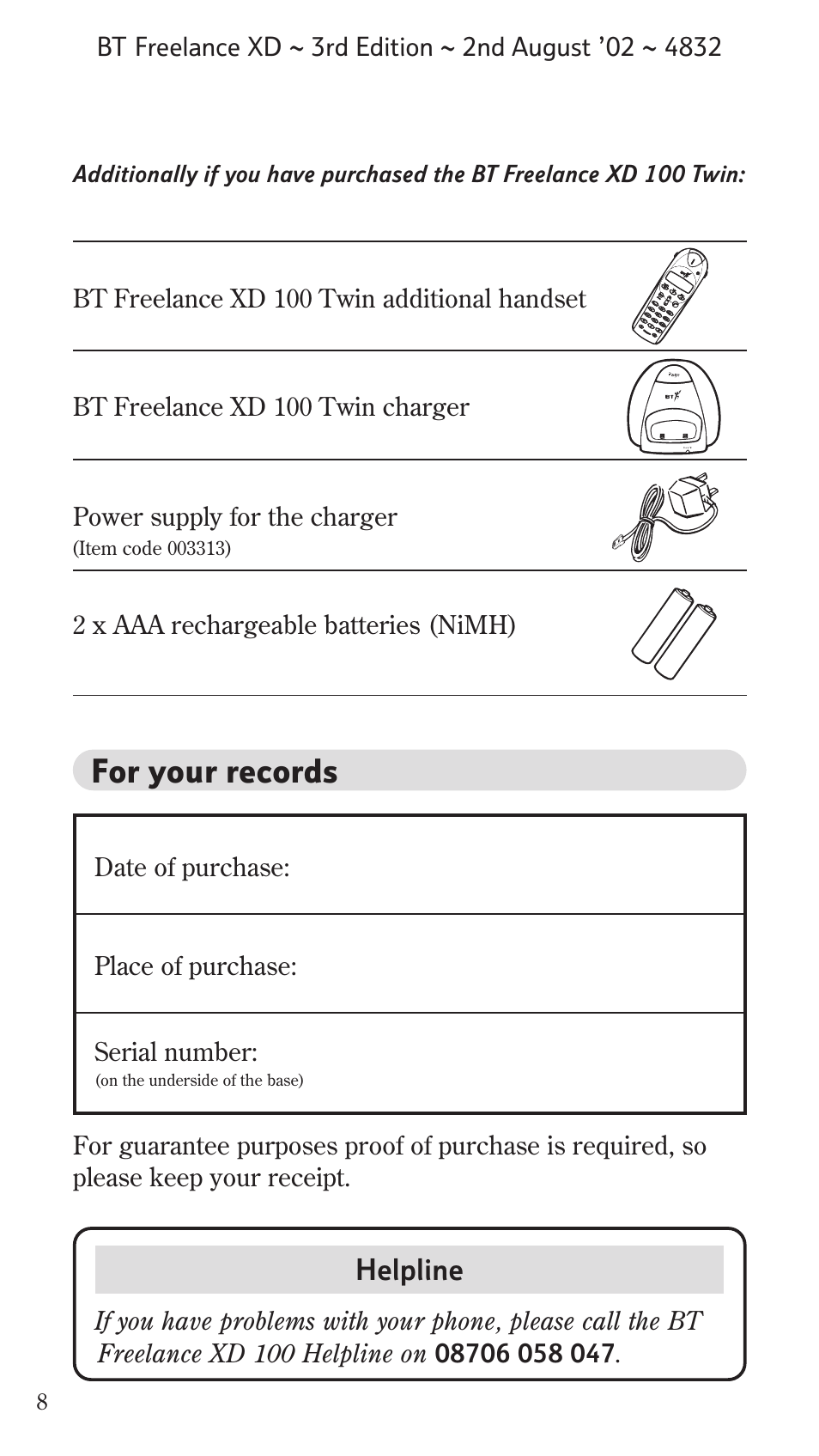 For your records, Helpline | BT Studio Twin User Manual | Page 9 / 37