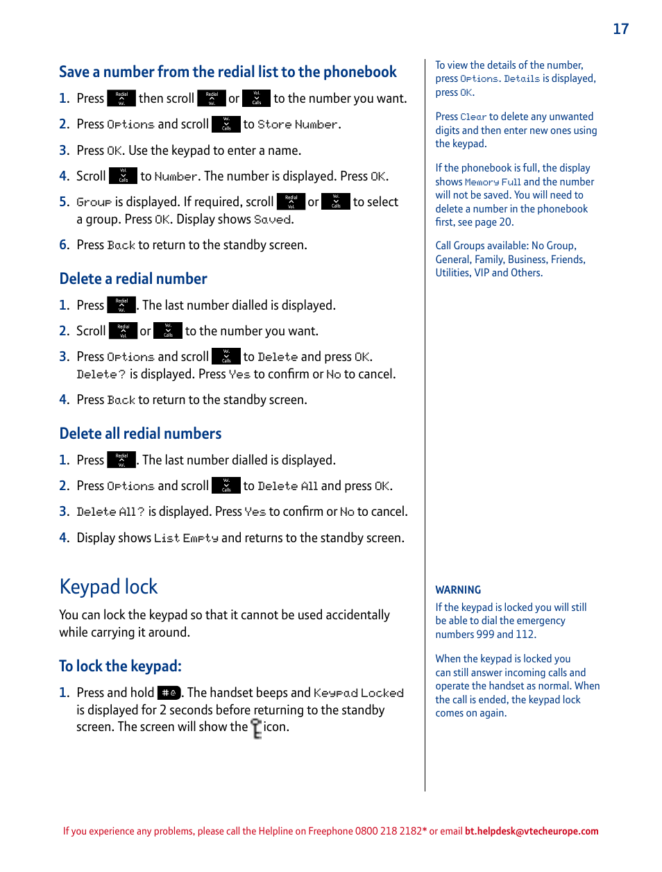 Keypad lock, Delete a redial number, Delete all redial numbers | BT INSPIRE 1500 User Manual | Page 17 / 60