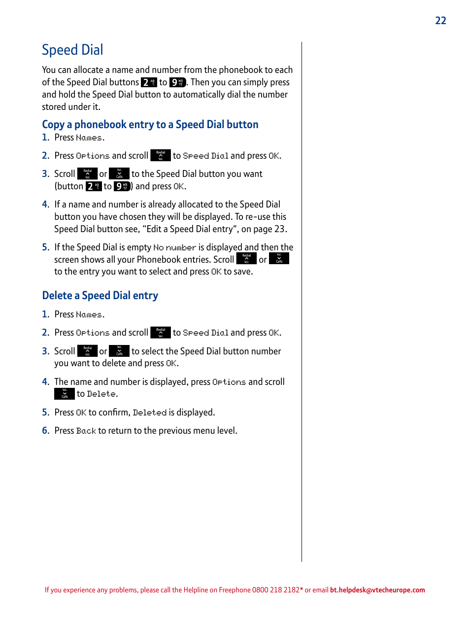 Speed dial, Copy a phonebook entry to a speed dial button, Delete a speed dial entry | BT INSPIRE 1500 User Manual | Page 22 / 60