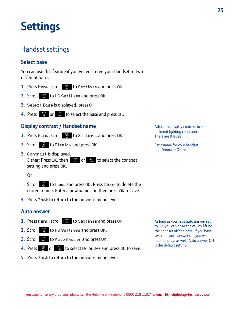 Settings, Handset settings, Select base | Display contrast / handset name, Auto answer | BT INSPIRE 1500 User Manual | Page 25 / 60