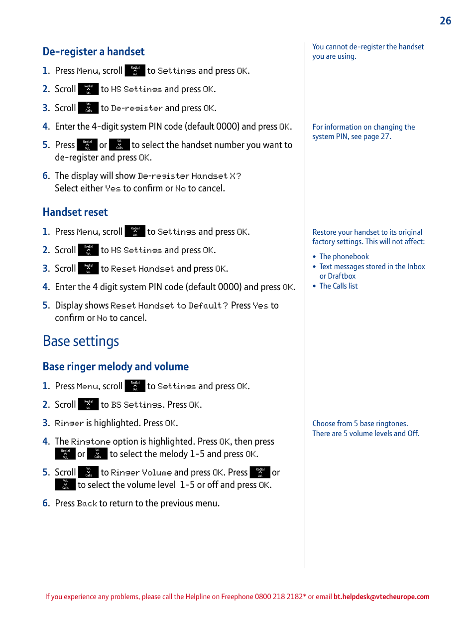 Base settings, De-register a handset, Handset reset | Base ringer melody and volume | BT INSPIRE 1500 User Manual | Page 26 / 60