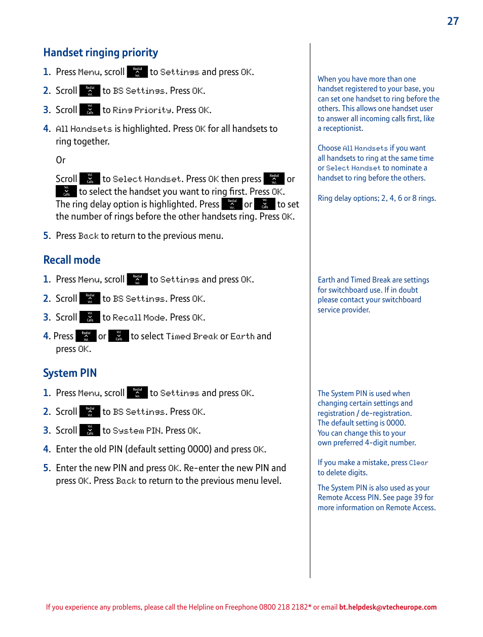 Handset ringing priority, Recall mode, System pin | BT INSPIRE 1500 User Manual | Page 27 / 60