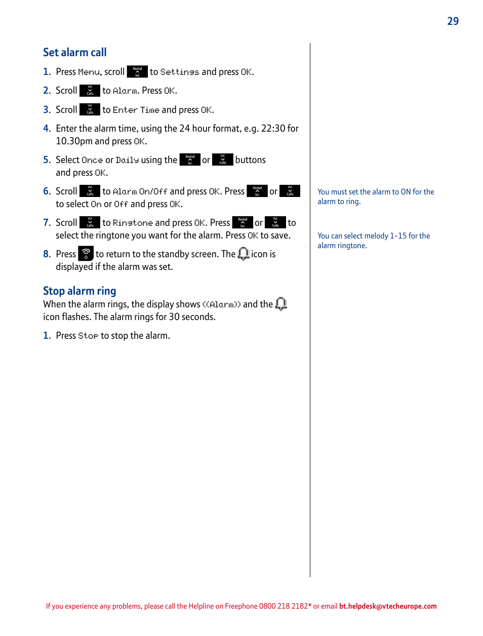 Set alarm call, Stop alarm ring | BT INSPIRE 1500 User Manual | Page 29 / 60