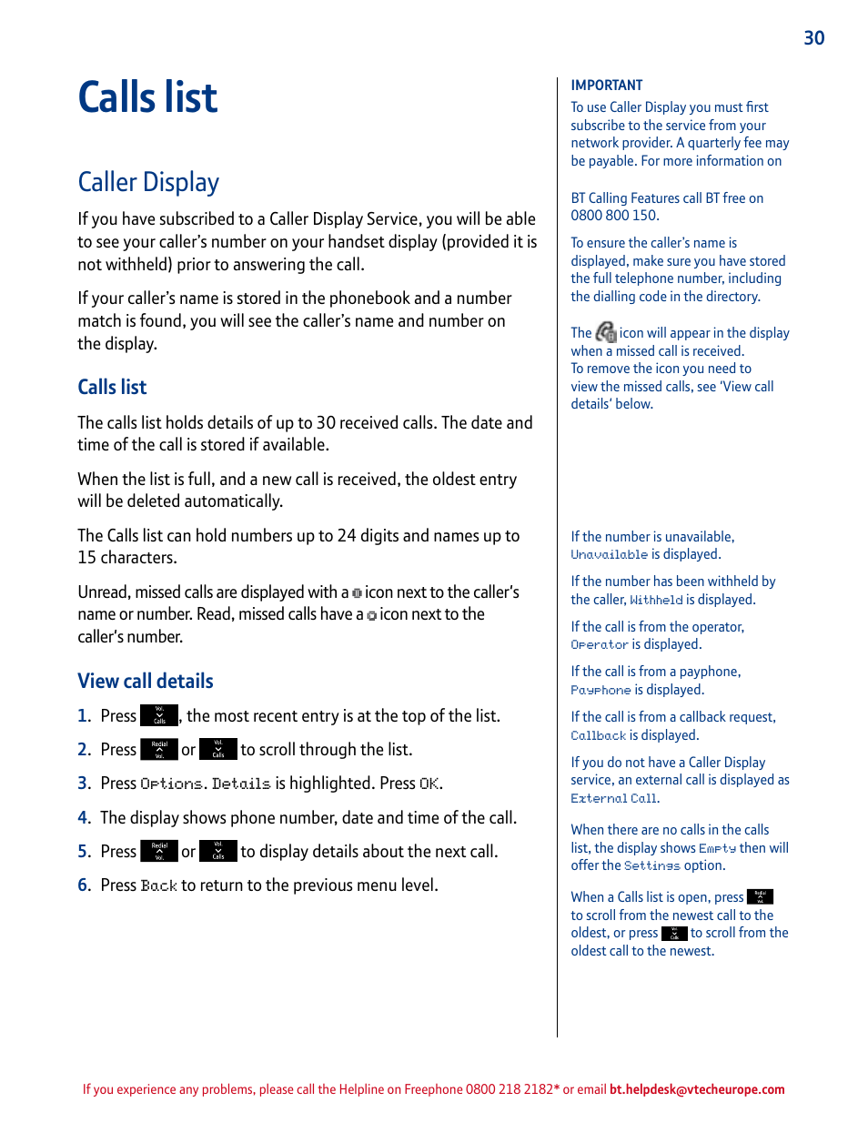 Calls list, Caller display, View call details | BT INSPIRE 1500 User Manual | Page 30 / 60