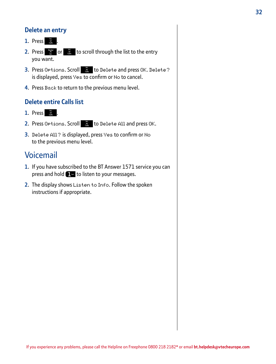 Voicemail, Delete an entry, Delete entire calls list | BT INSPIRE 1500 User Manual | Page 32 / 60