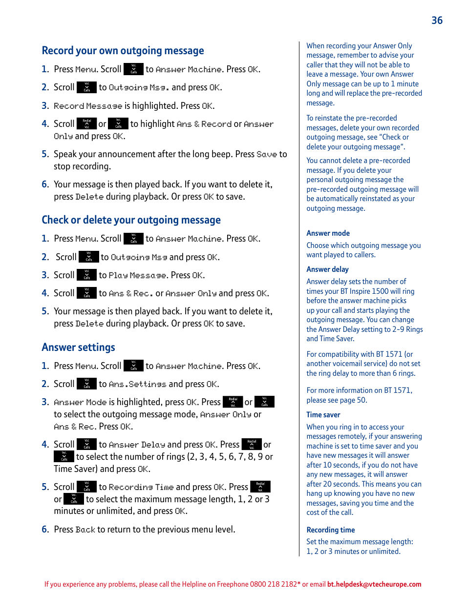 Record your own outgoing message, Check or delete your outgoing message, Answer settings | BT INSPIRE 1500 User Manual | Page 36 / 60
