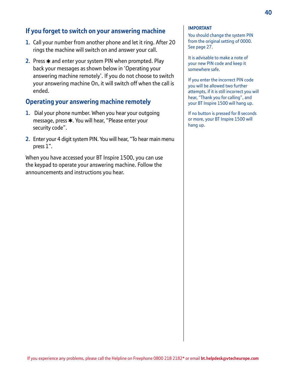 If you forget to switch on your answering machine, Operating your answering machine remotely | BT INSPIRE 1500 User Manual | Page 40 / 60