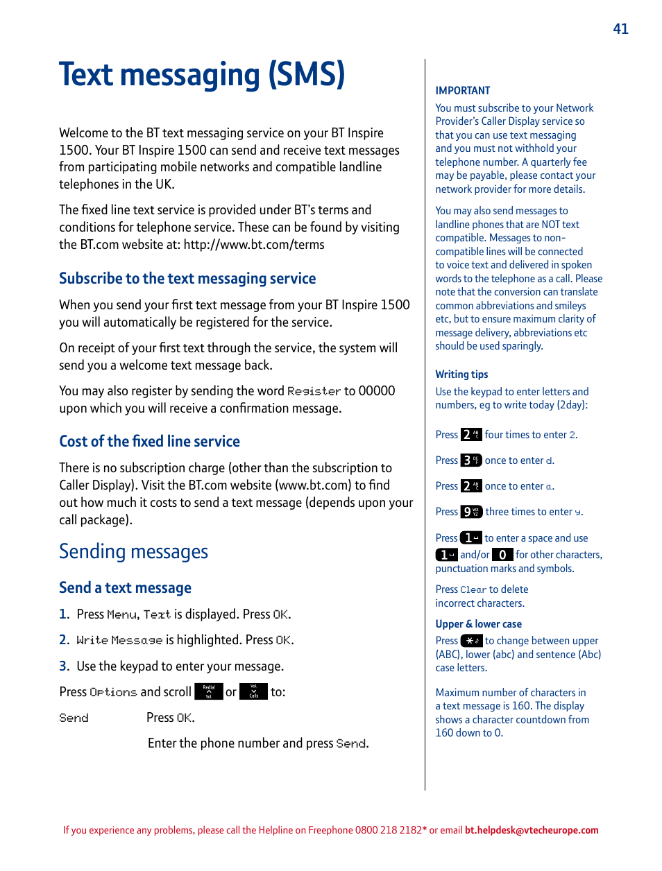 Text messaging (sms), Sending messages, Subscribe to the text messaging service | Cost of the fixed line service, Send a text message | BT INSPIRE 1500 User Manual | Page 41 / 60