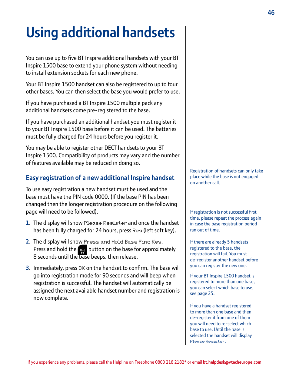 Using additional handsets | BT INSPIRE 1500 User Manual | Page 46 / 60