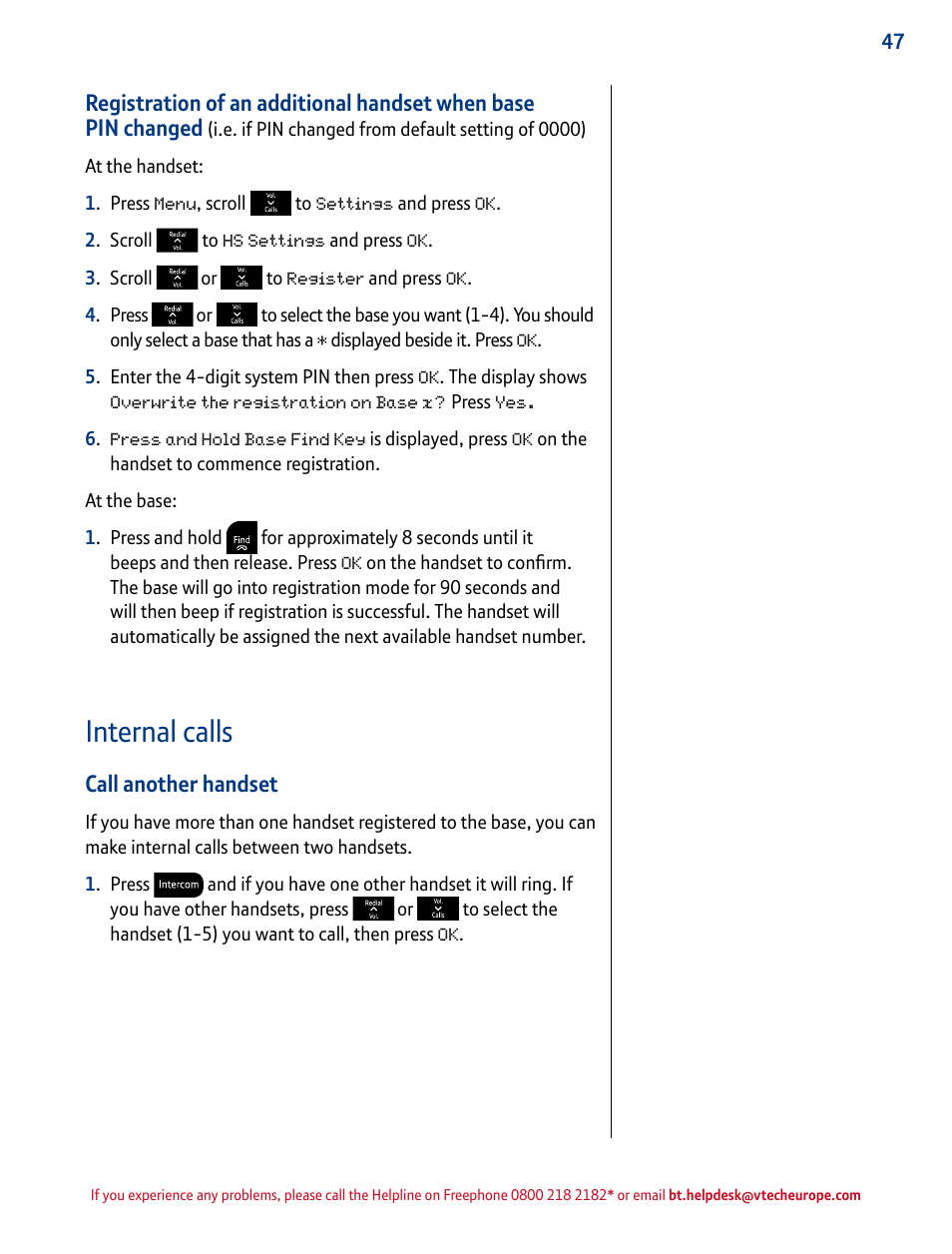 Internal calls, Call another handset | BT INSPIRE 1500 User Manual | Page 47 / 60