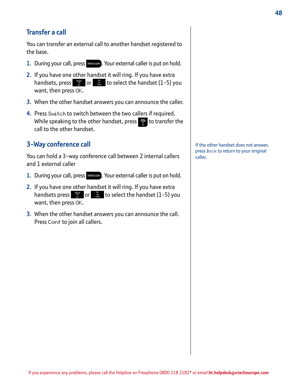 Transfer a call, Way conference call | BT INSPIRE 1500 User Manual | Page 48 / 60