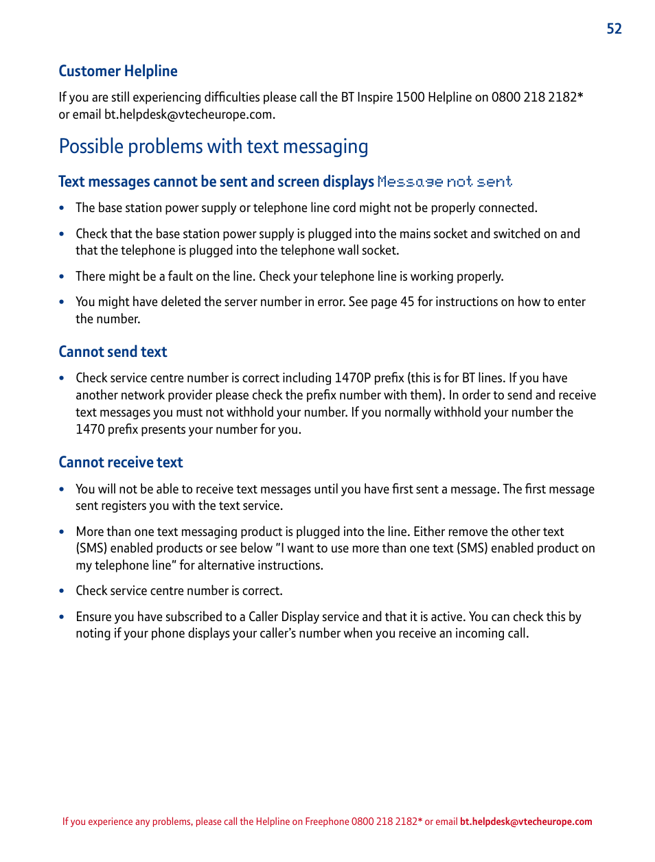 Possible problems with text messaging | BT INSPIRE 1500 User Manual | Page 52 / 60