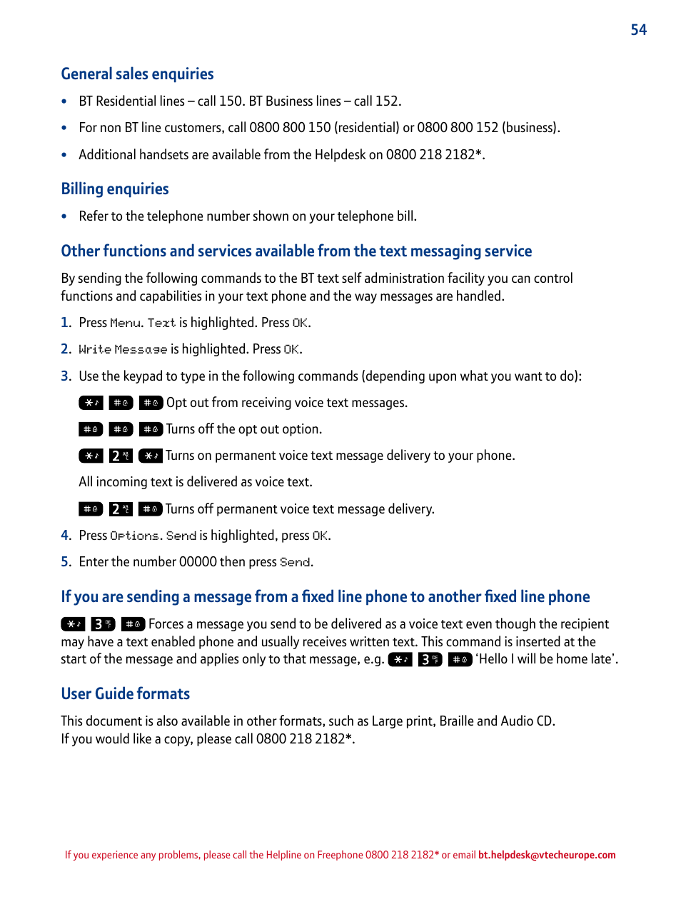 General sales enquiries, Billing enquiries, User guide formats | BT INSPIRE 1500 User Manual | Page 54 / 60