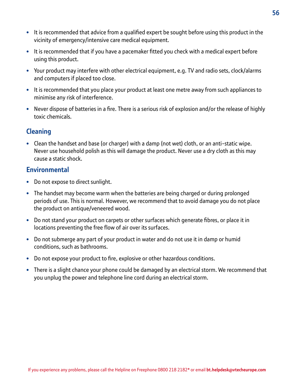 Cleaning, Environmental | BT INSPIRE 1500 User Manual | Page 56 / 60