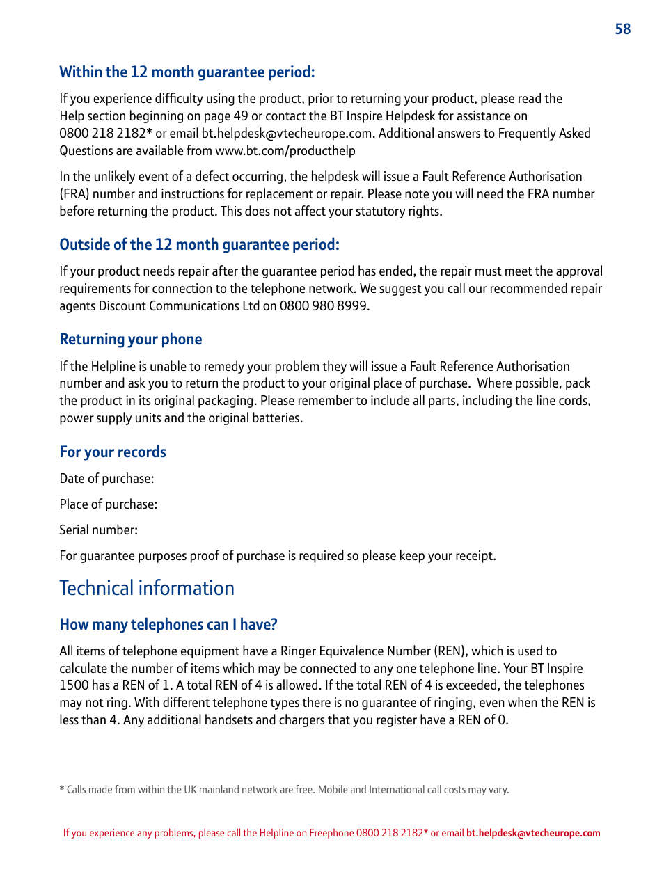 Technical information | BT INSPIRE 1500 User Manual | Page 58 / 60