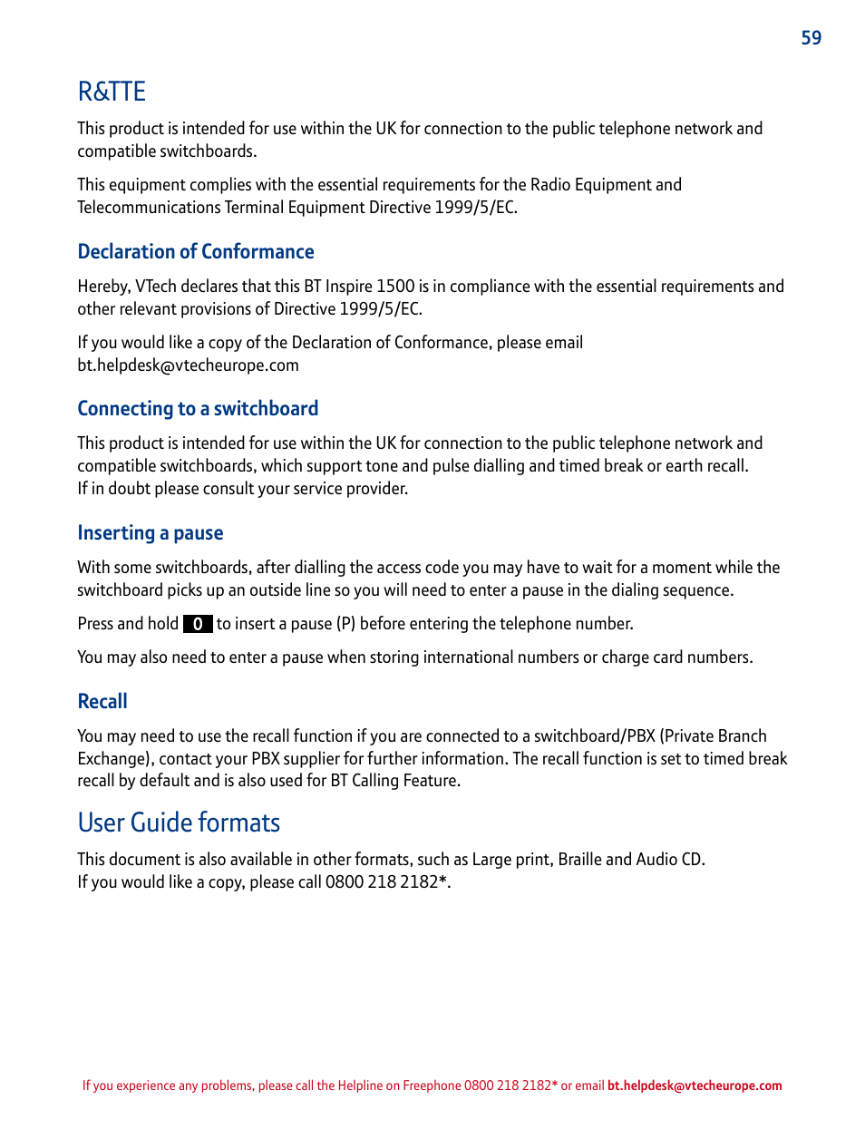 R&tte, User guide formats | BT INSPIRE 1500 User Manual | Page 59 / 60