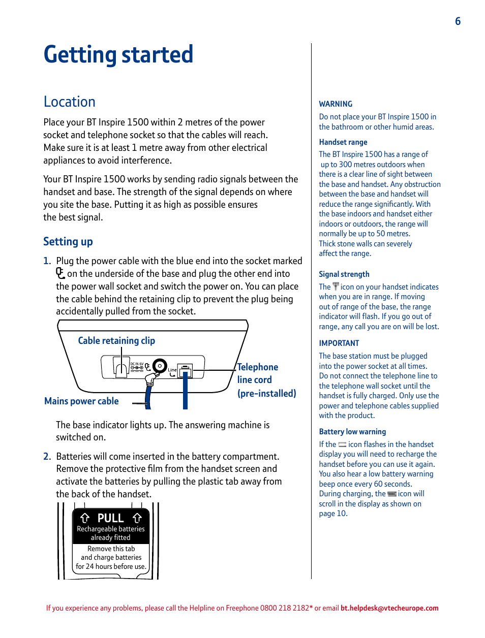 Getting started, Location, Setting up | BT INSPIRE 1500 User Manual | Page 6 / 60