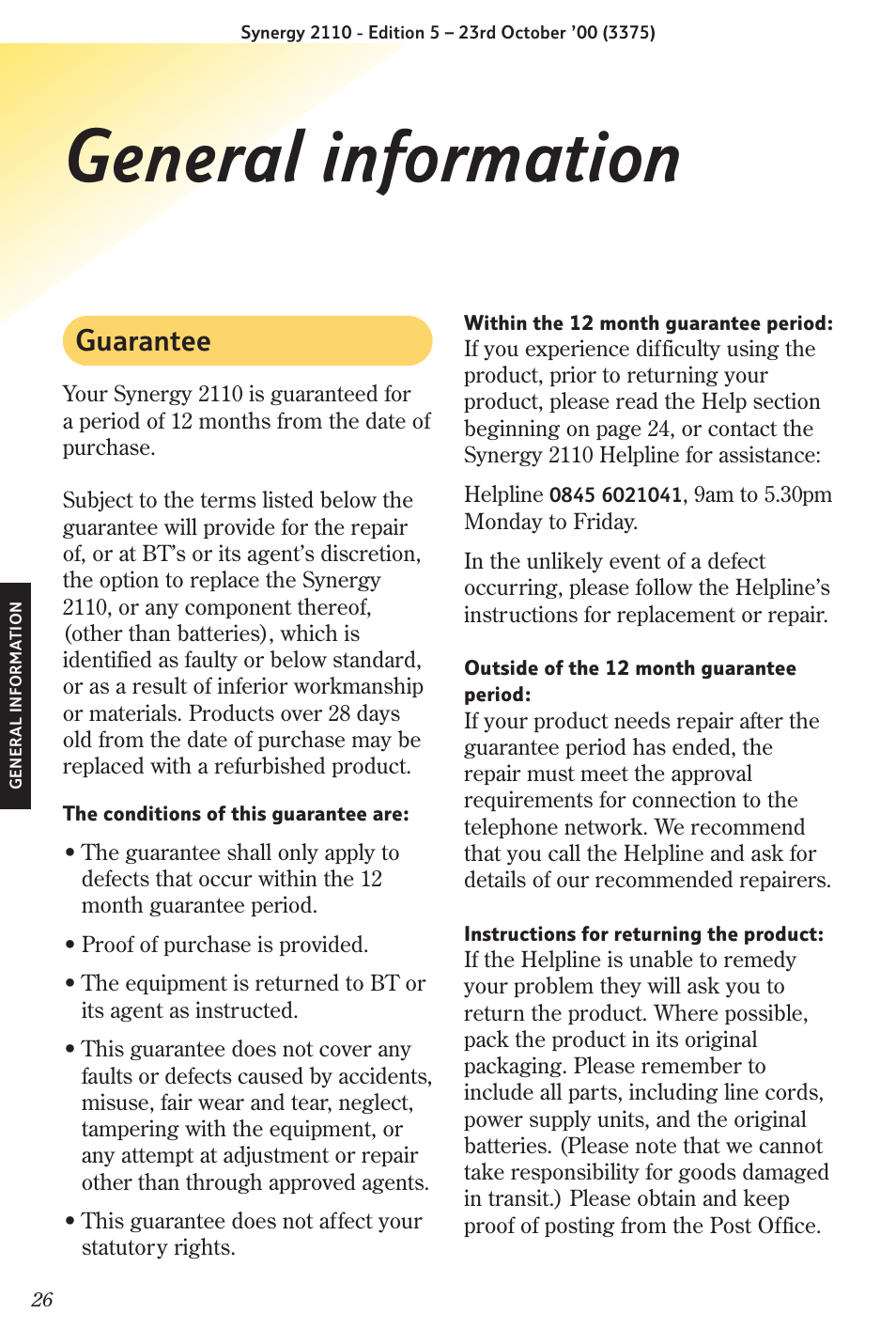 General information, Guarantee | BT Synergy 2110 User Manual | Page 28 / 33