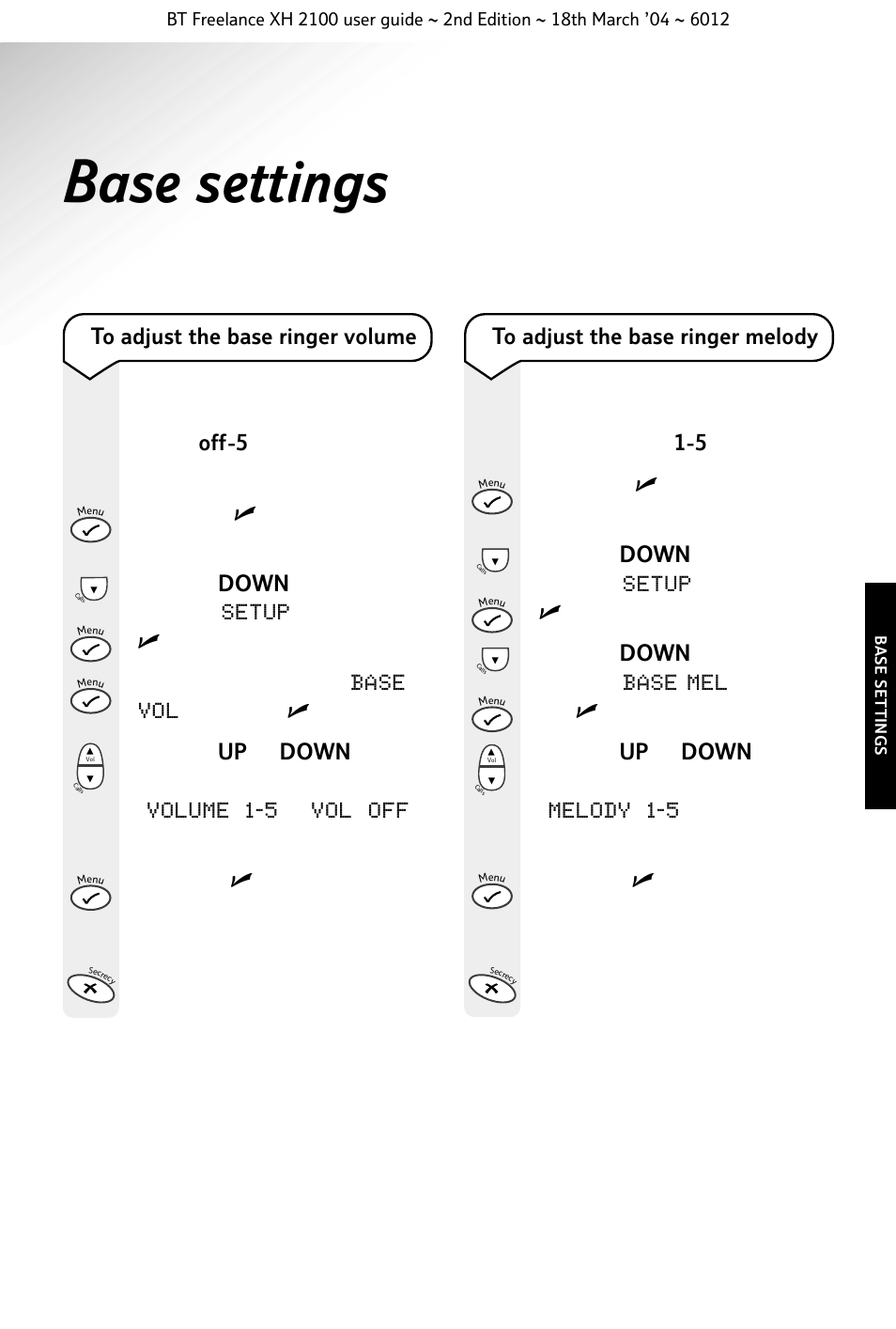 Base settings, Button to return to the standby screen | BT FREELANCE XH 2100 User Manual | Page 25 / 42