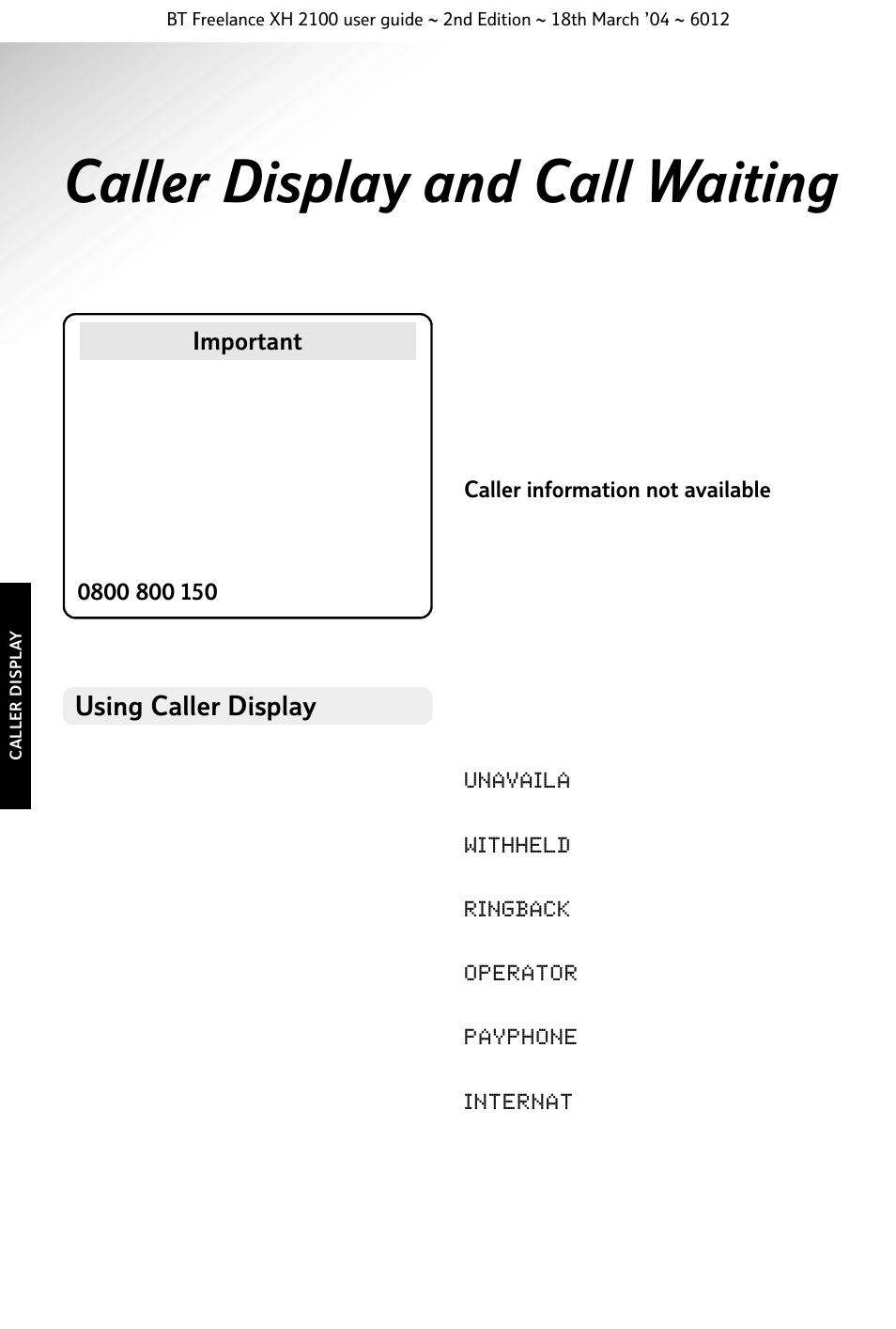 Caller display and call waiting, Using caller display | BT FREELANCE XH 2100 User Manual | Page 28 / 42