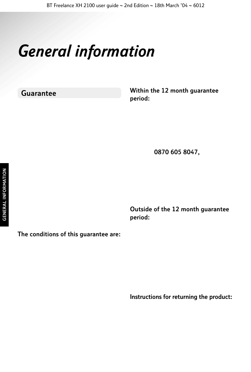 General information, Guarantee | BT FREELANCE XH 2100 User Manual | Page 36 / 42