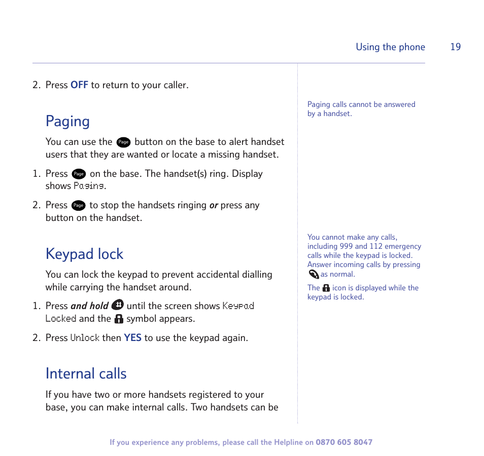 Paging, Keypad lock, Internal calls | BT STUDIO 2300 User Manual | Page 19 / 67