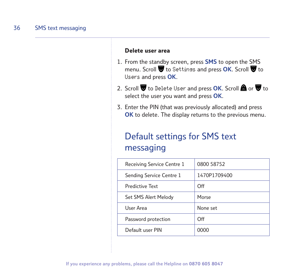 Default settings for sms text messaging | BT STUDIO 2300 User Manual | Page 36 / 67