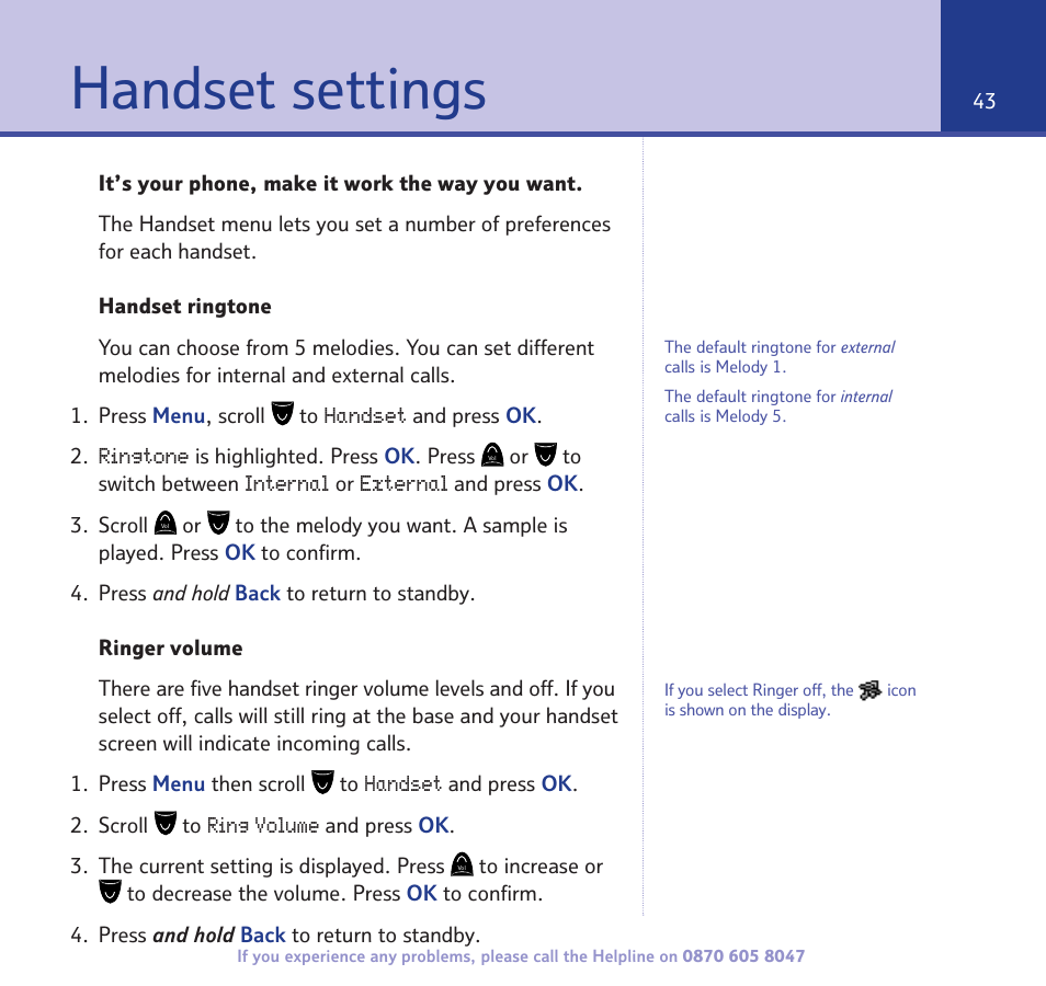 Handset settings | BT STUDIO 2300 User Manual | Page 43 / 67