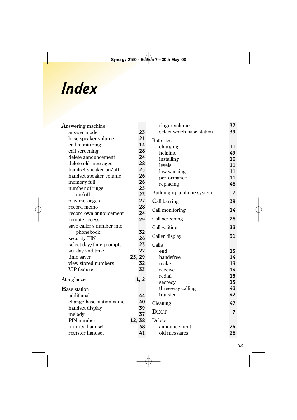 Index | BT Synergy 2150 User Manual | Page 57 / 60