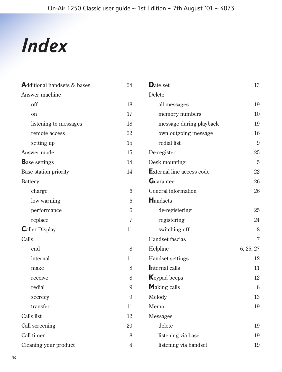 Index | BT 1250 Classic User Manual | Page 30 / 34