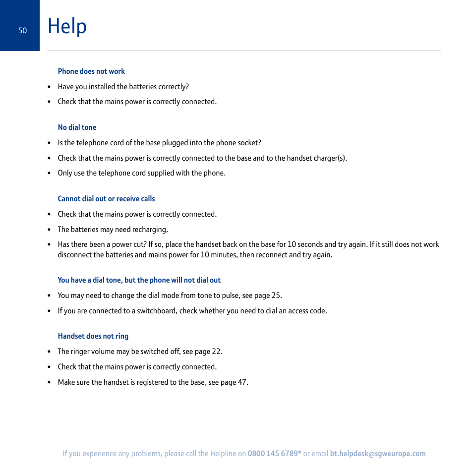 Help | BT Synergy 5100 User Manual | Page 50 / 59