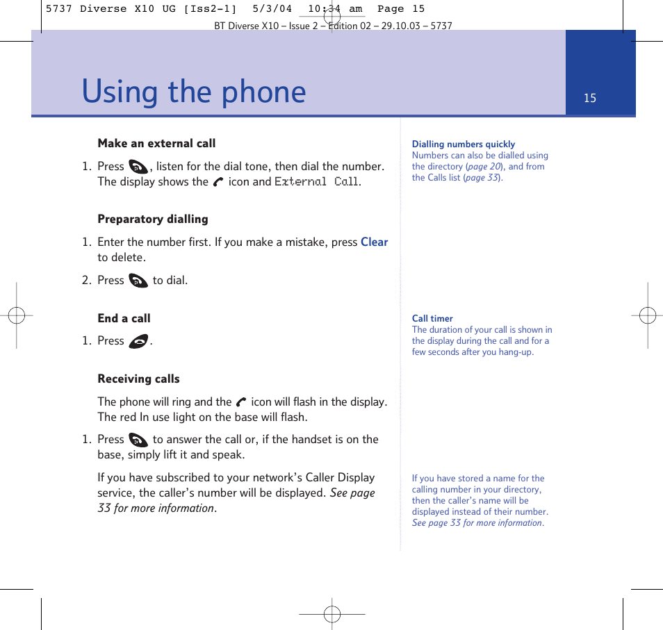 Using the phone | BT DIVERSE X10 User Manual | Page 15 / 88