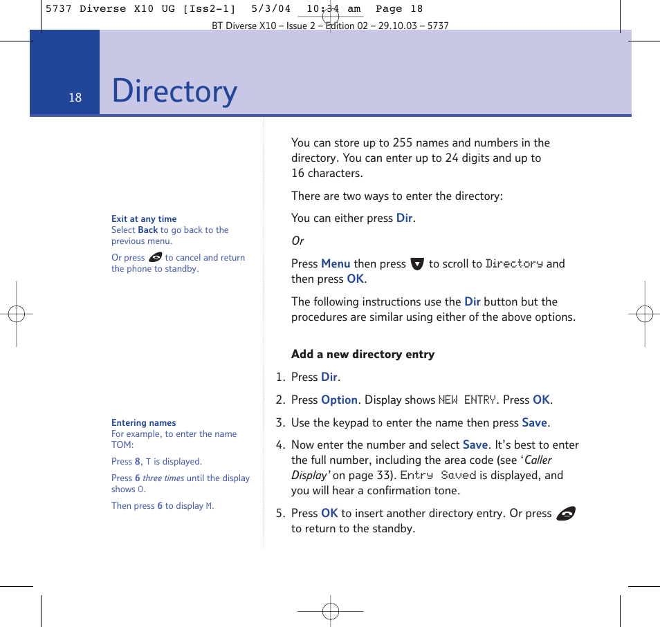 Directory | BT DIVERSE X10 User Manual | Page 18 / 88