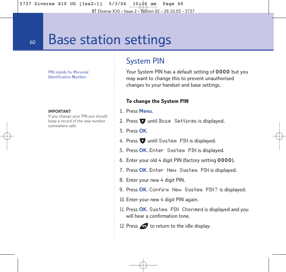 Base station settings, System pin | BT DIVERSE X10 User Manual | Page 60 / 88