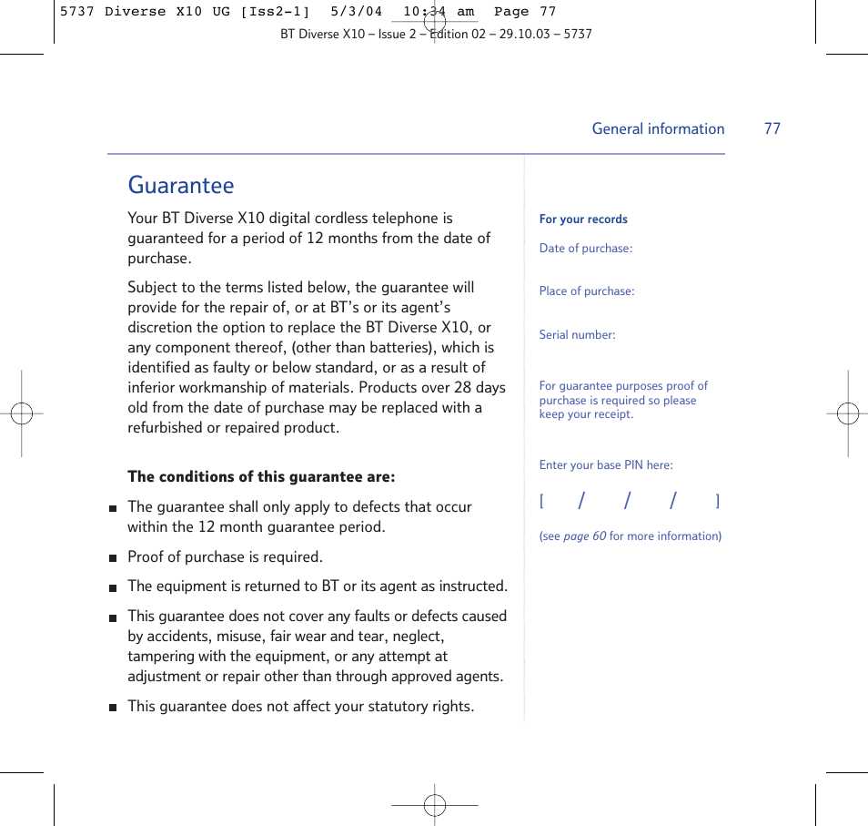 Guarantee | BT DIVERSE X10 User Manual | Page 77 / 88