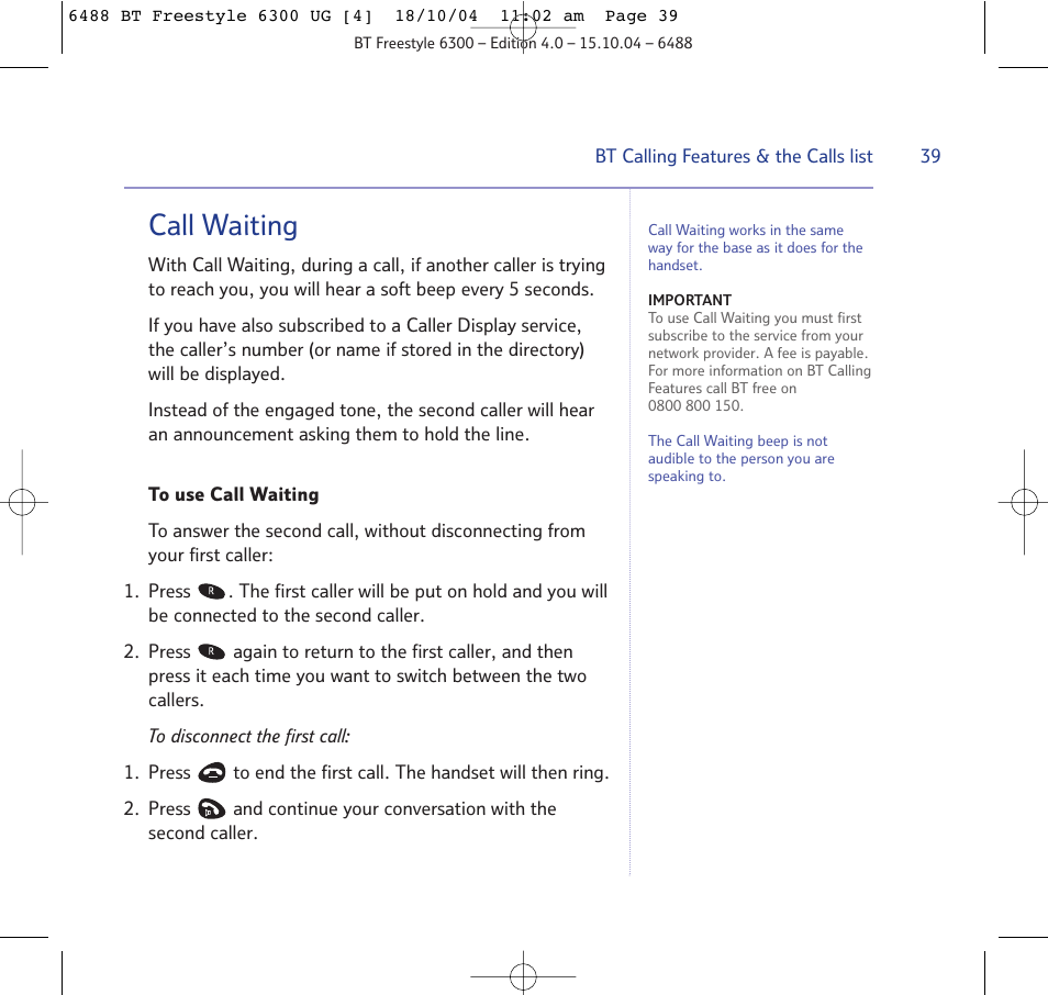 Call waiting | BT 6300 User Manual | Page 39 / 64